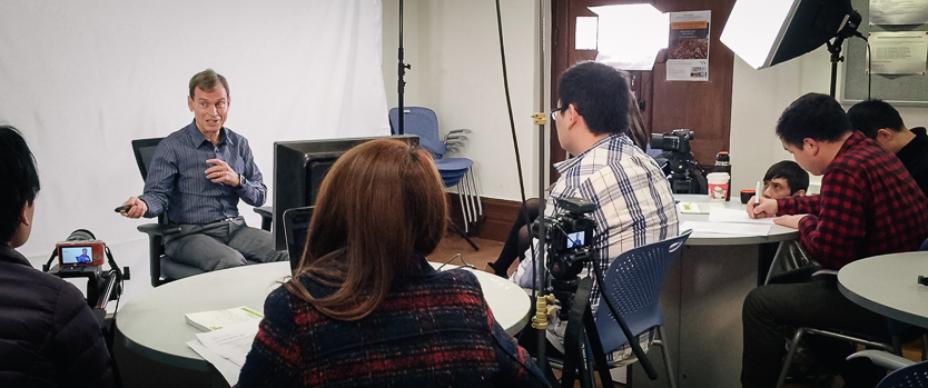 Prof Chad Hansen filming in the Common Core Lounge for Humanity and Nature in Chinese Thought